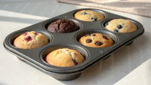 a metal muffin tin filled with baked muffins